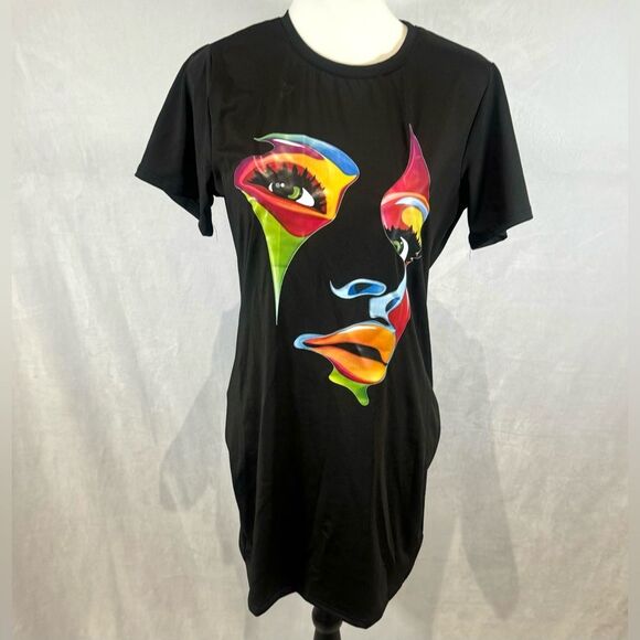 Black artistic abstract face print shirt dress size large - Picture 2 of 5